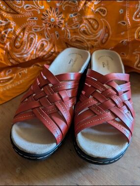 Clarks Red Woven Leather Slide Sandals